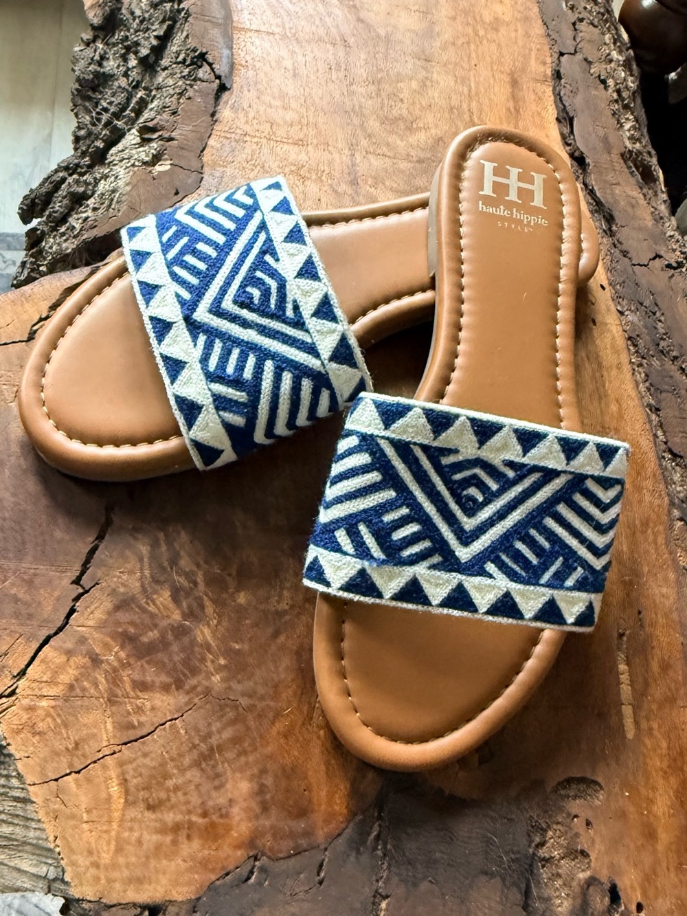 Haute Hippie Blue and Cream Geometric Slide Sandals